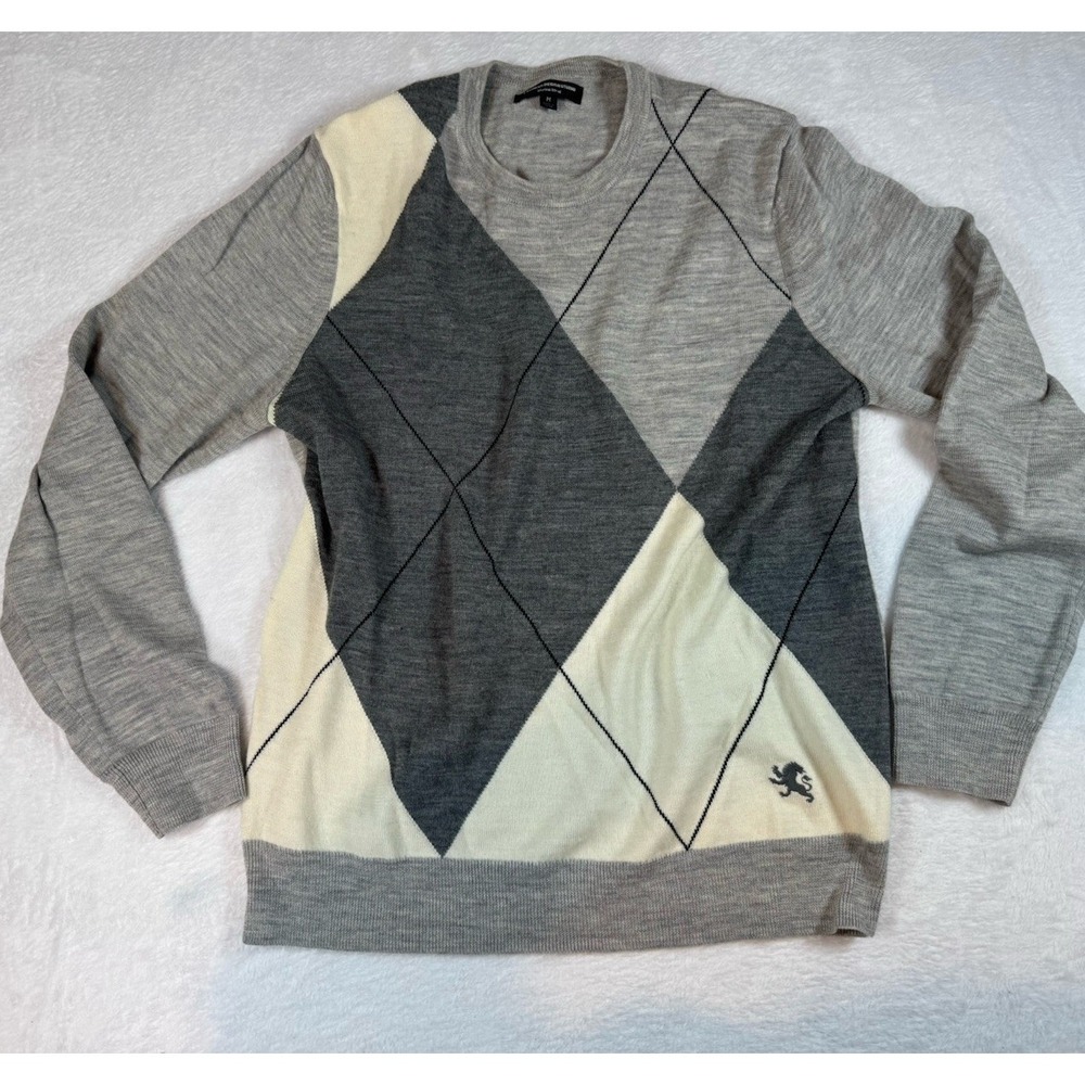 Men's 100% Merino Wool Argyle Round Neck Sweater M Gray Comfy Classic Preppy